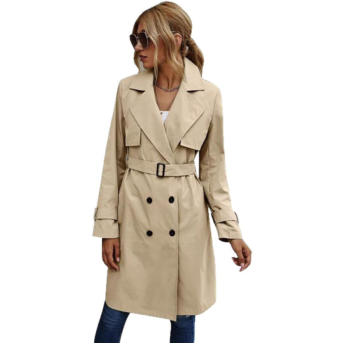 Womens Double Breasted Coat  Olive Green Wool Blend Tailored Design - Product detail 4