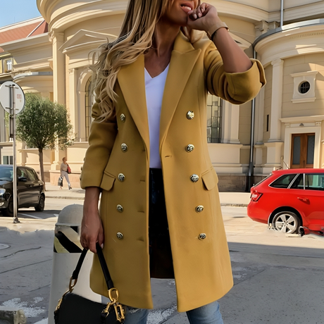 Double Breasted Wool Coat  Military Style Metallic Buttons - Detailed view