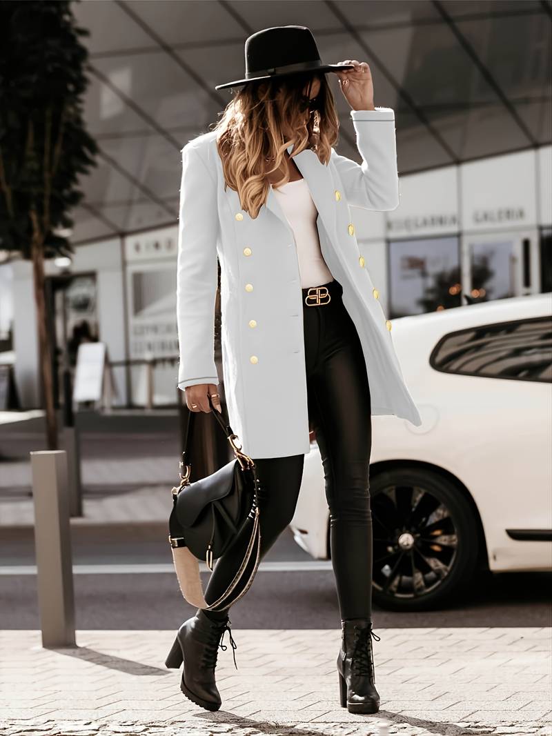 Classic Wool Winter Coat  Double-Breasted Gold Button Design - Detailed view