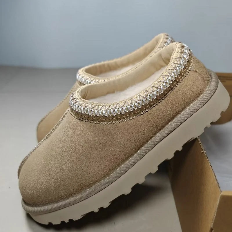 Suede Platform Slippers  Pearl Trim Fleece Lined - Product showcase