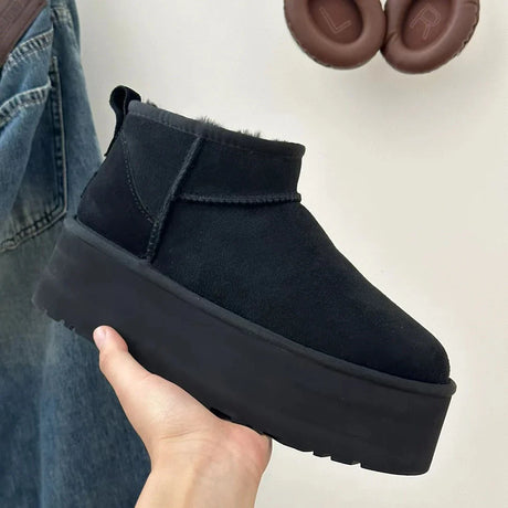 Platform Ankle Boots  Black Suede With Fur Lining - Product showcase