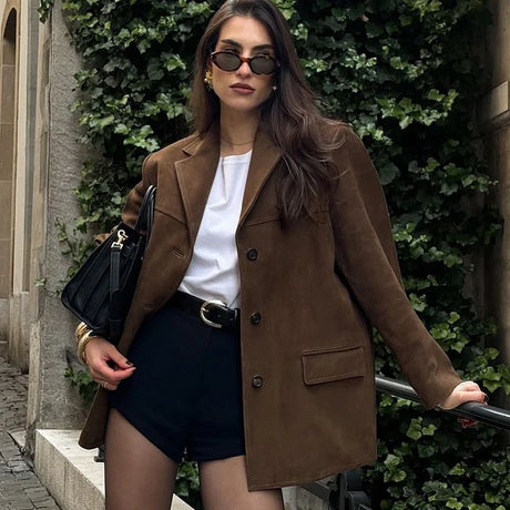 Vintage Suede Blazer  Italian Brown Leather Classic Cut - Product showcase
