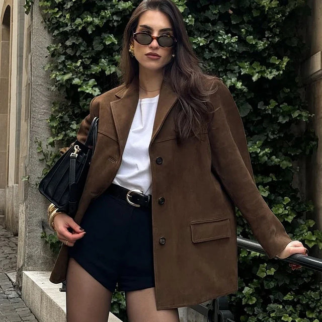 Vintage Suede Blazer  Italian Brown Leather Classic Cut - Product showcase