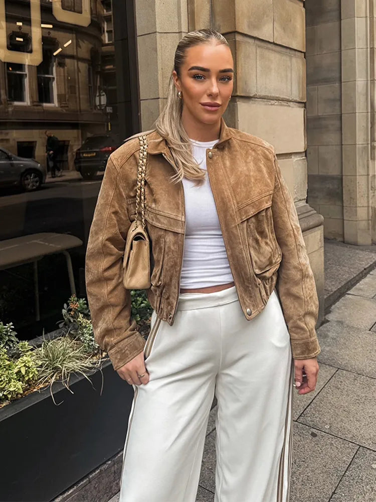Vintage Suede Bomber Jacket  Caramel Brown Cropped Design - Product showcase