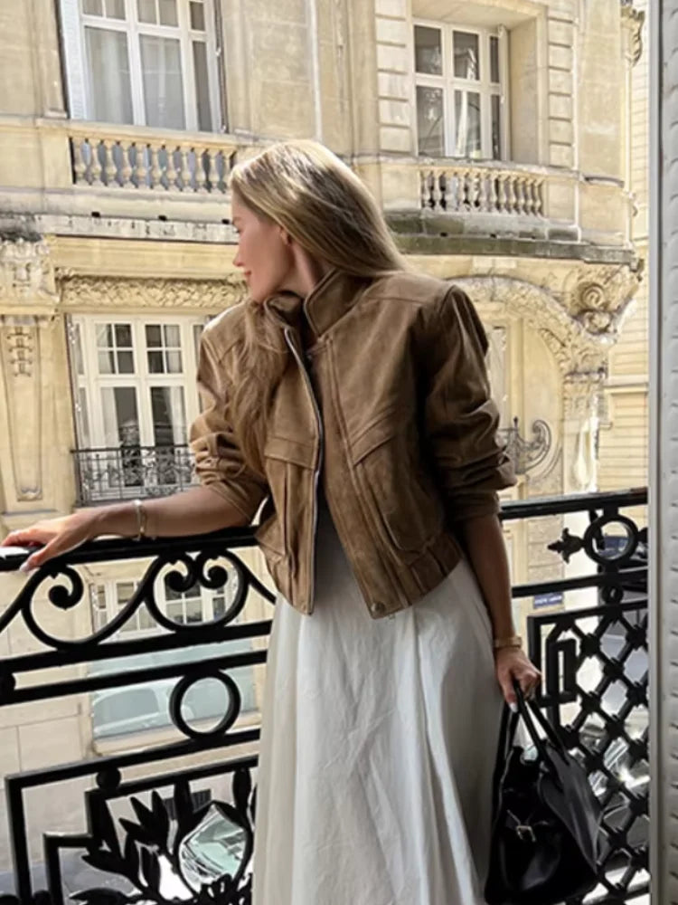 Vintage Suede Bomber Jacket  Caramel Brown Cropped Design - Product example