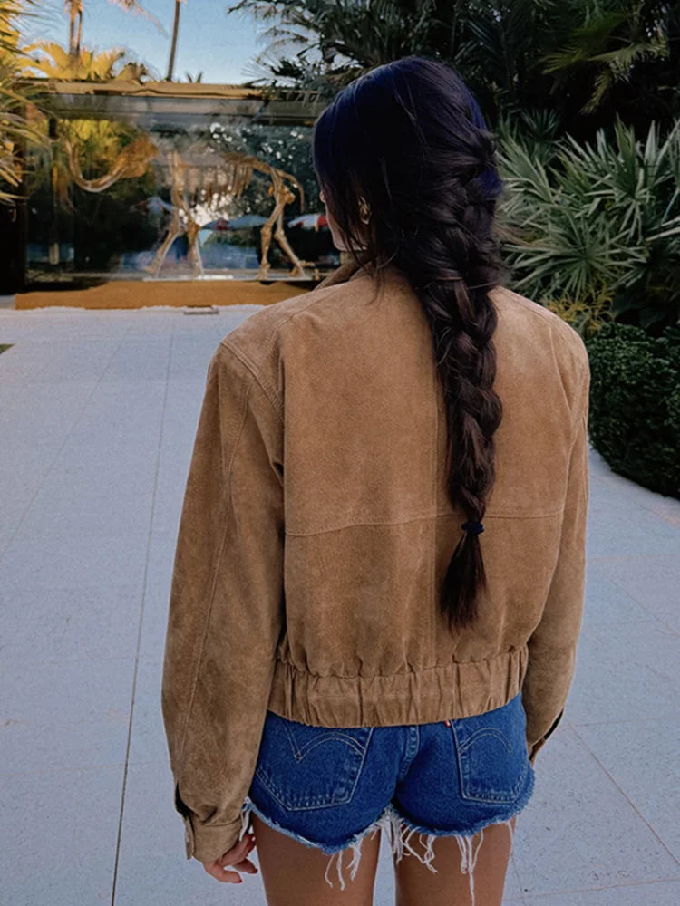 Vintage Suede Bomber Jacket  Caramel Brown Cropped Design - Product detail 4