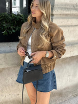 Vintage Suede Bomber Jacket  Caramel Brown Cropped Design - Product detail 5