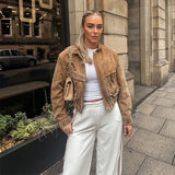 Vintage Suede Bomber Jacket  Caramel Brown Cropped Design - Product detail 7