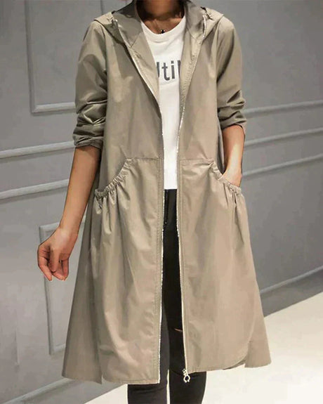 Minimalist Waterproof Coat  Knee-Length Hooded Design - Product showcase