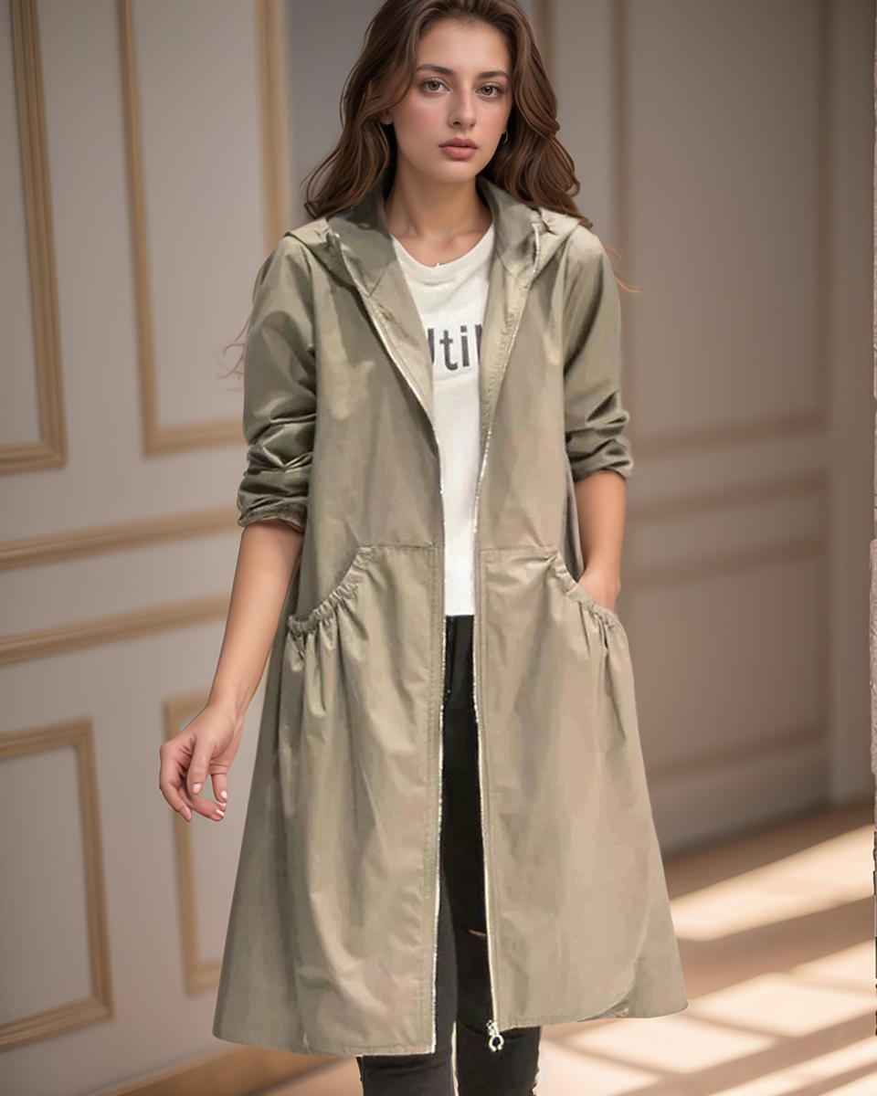 Minimalist Waterproof Coat  Knee-Length Hooded Design - Detailed view