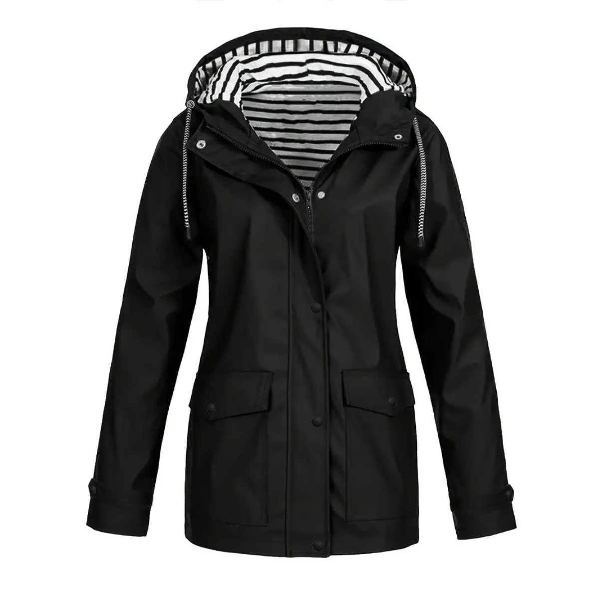 Waterproof Rain Jacket  Striped Lined Hood Design - Product showcase