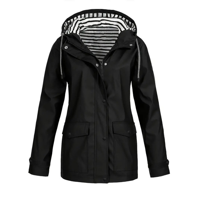 Waterproof Rain Jacket  Striped Lined Hood Design - Product showcase