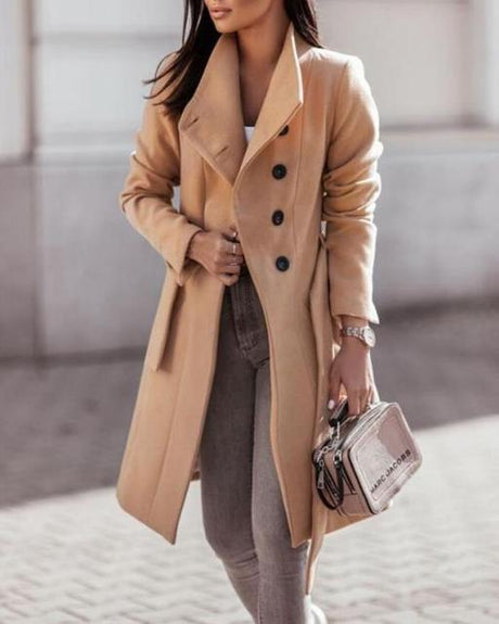 Classic Wool Blend Long Coat  Double-Breasted Camel Design - Product showcase