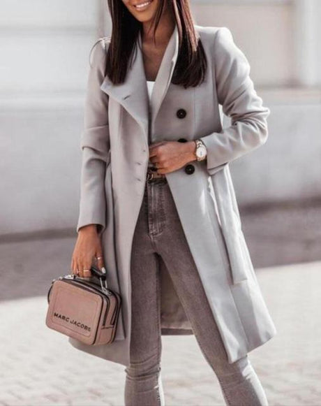 Classic Wool Blend Long Coat  Double-Breasted Camel Design - Detailed view
