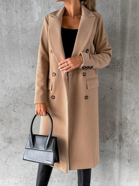 Classic Double-Breasted Wool Coat  Tailored Long Length Design - Detailed view