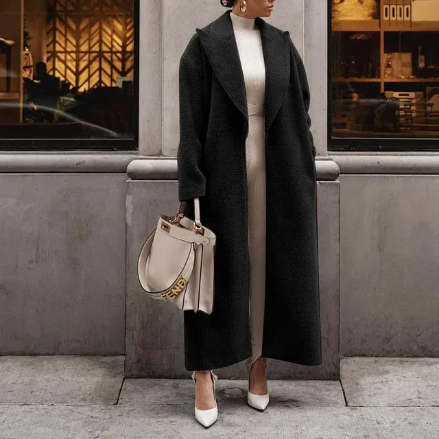 Oversized Wool Coat  Notched Lapel Full Length Design - Product showcase