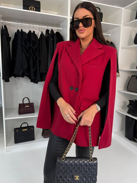 Wool Cape Coat  Classic Red Button Front with Lapel - Product showcase