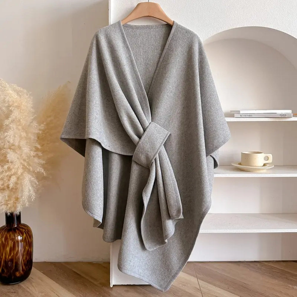Wool Draped Poncho  Elegant Knee-Length Cape With Waist Tie - Product showcase