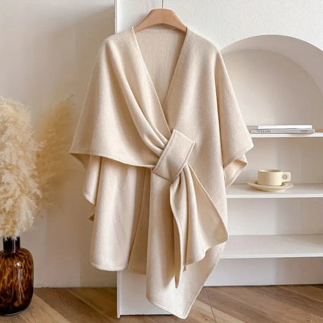 Wool Draped Poncho  Elegant Knee-Length Cape With Waist Tie - Product example