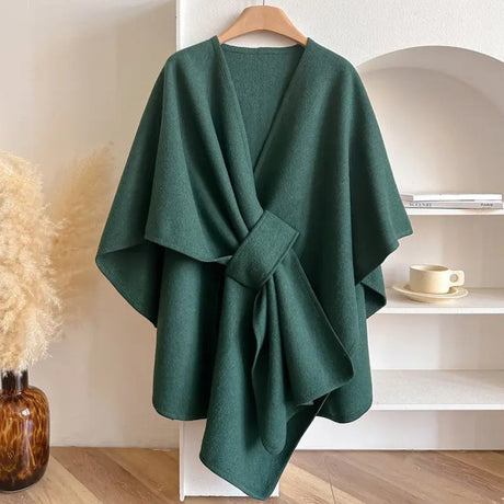 Wool Draped Poncho  Elegant Knee-Length Cape With Waist Tie - Product detail 4