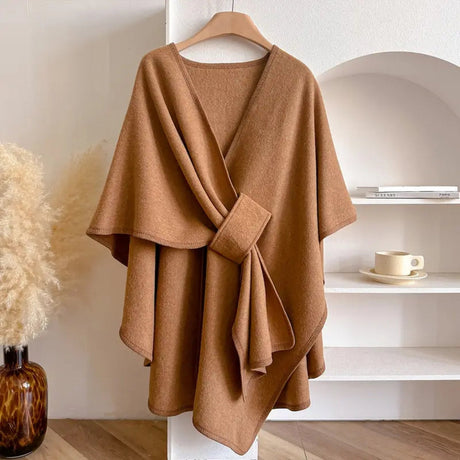 Wool Draped Poncho  Elegant Knee-Length Cape With Waist Tie - Product detail 5