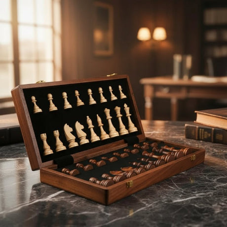 Wooden Chess Set  Folding Board with Solid Wood Pieces - Product showcase