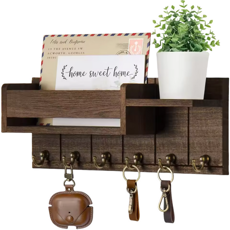 Rustic Wall Key Organizer  Solid Wood Mail Holder with 6 Hooks - Product showcase