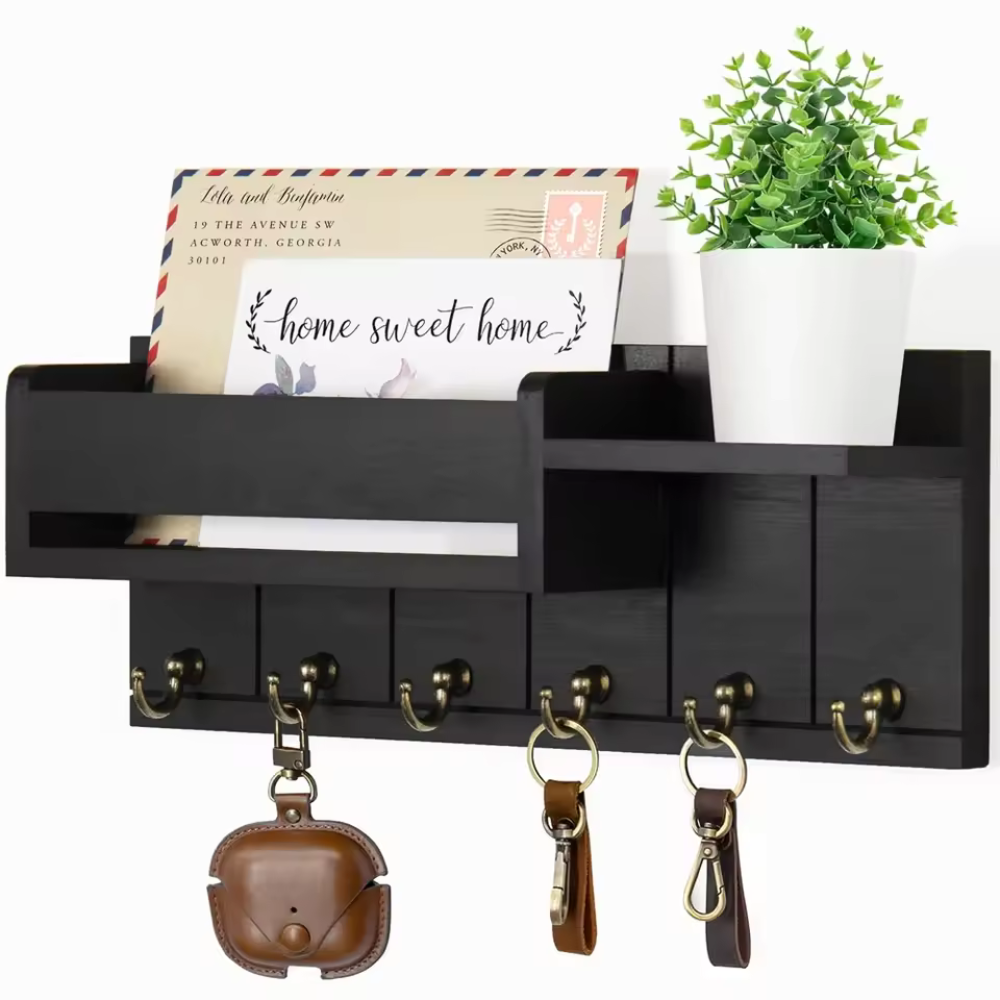 Rustic Wall Key Organizer  Solid Wood Mail Holder with Hooks - Product detail 6