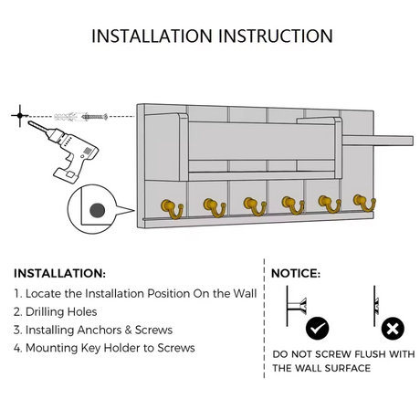 Rustic Wall Key Organizer  Solid Wood Mail Holder with 6 Hooks - Product detail 9
