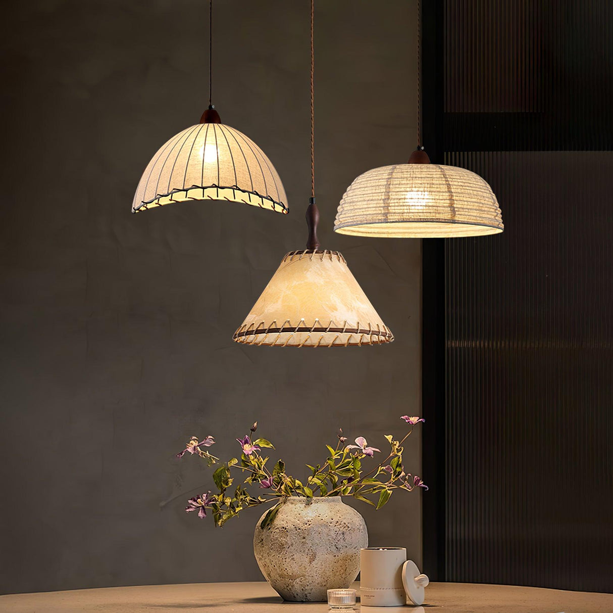 Fabric Pendant Light  Natural Wood Trim Design - Product showcase