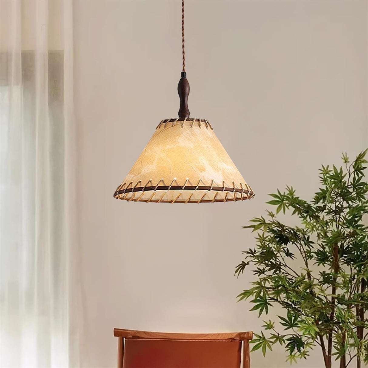 Fabric Pendant Light  Natural Wood Trim Design - Detailed view