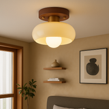 Nordic Ceiling Light  Warm Wood Cream Glass Shade - Detailed view