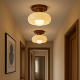 Nordic Ceiling Light  Warm Wood Cream Glass Shade - Product example