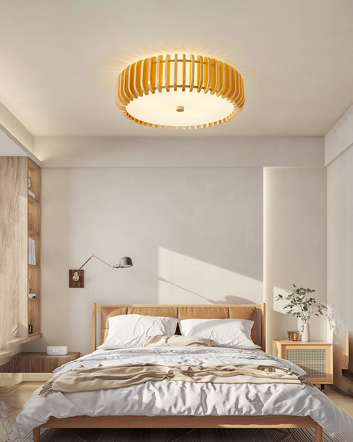 Modern Wooden Ceiling Light  Natural Slat Drum Design - Product example