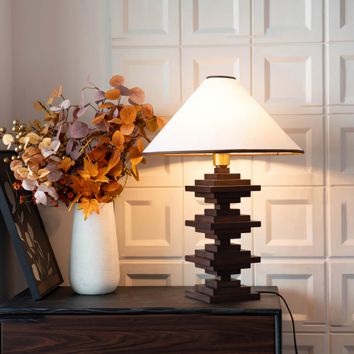 Modern Tower Table Lamp  Stacked Wooden Base - Detailed view