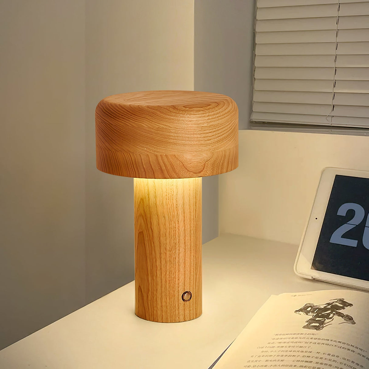 Modern Wooden Table Lamp  Natural Ash Mushroom Design - Detailed view