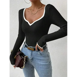 Womens Ribbed V-Neck Top  Contrast Trim Long Sleeve Design - Product example