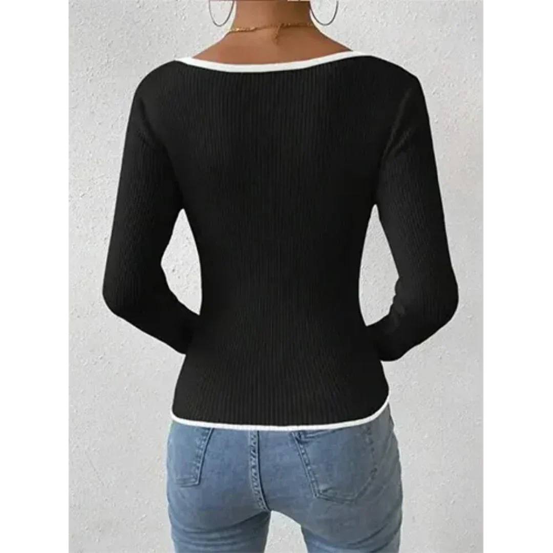Womens Ribbed V-Neck Top  Contrast Trim Long Sleeve Design - Product detail 4