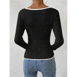 Womens Ribbed V-Neck Top  Contrast Trim Long Sleeve Design - Product detail 4