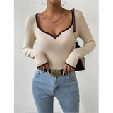Womens Ribbed V-Neck Top  Contrast Trim Long Sleeve Design - Product detail 5