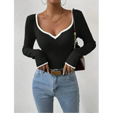 Womens Ribbed V-Neck Top  Contrast Trim Long Sleeve Design - Product showcase