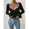 Womens Ribbed V-Neck Top  Contrast Trim Long Sleeve Design - Product detail 6