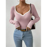 Womens Ribbed V-Neck Top  Contrast Trim Long Sleeve Design - Product detail 7