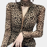 Leopard Print Mesh Top  Choker Neck Design - Product detail 4