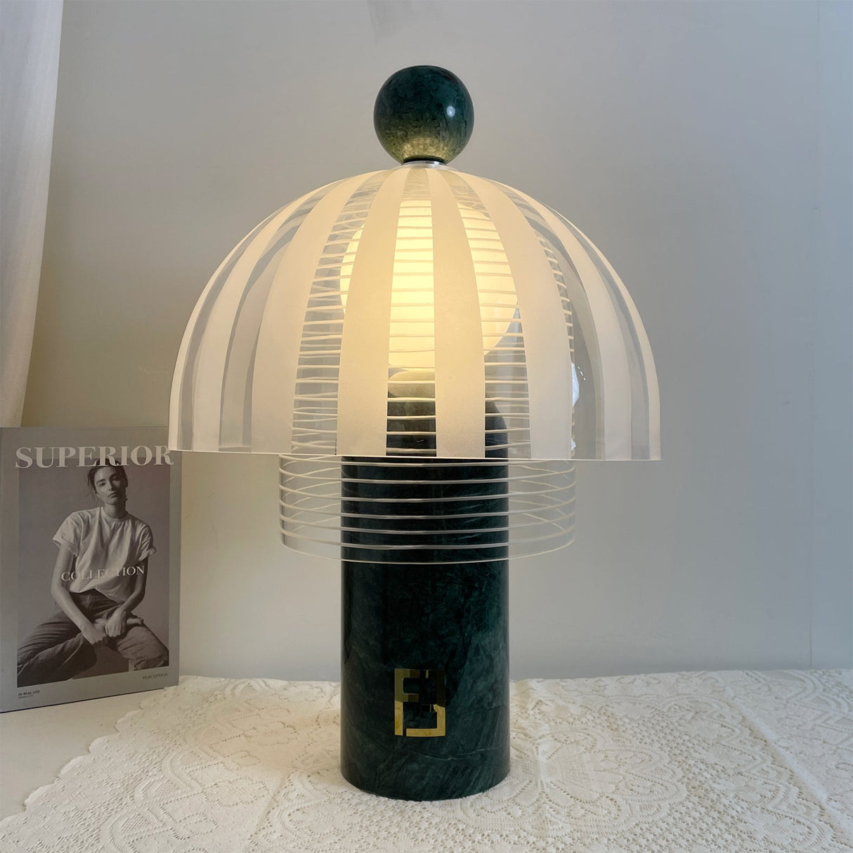 Modern Marble Table Lamp  Green Base Glass Dome Design - Detailed view