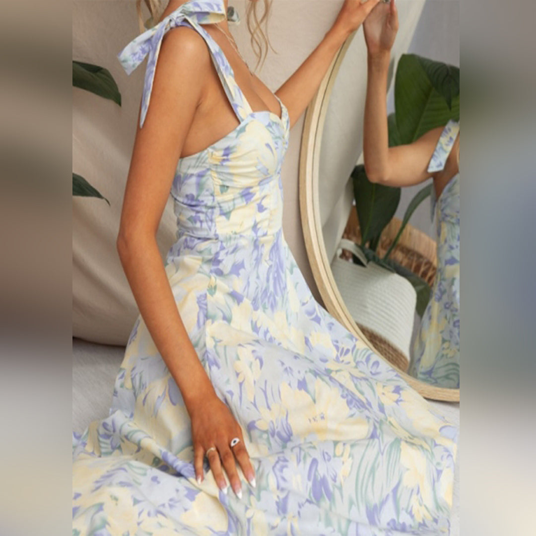 Summer Floral Midi Dress  Tie-Shoulder Pastel Print - Product showcase