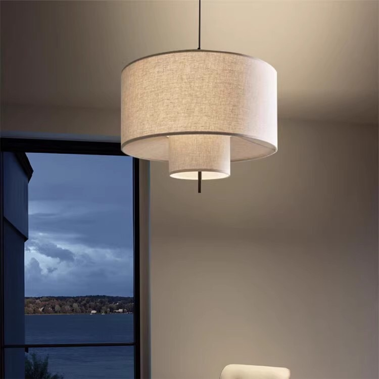 Modern Pendant Light  Double Layer Linen Shade - Detailed view