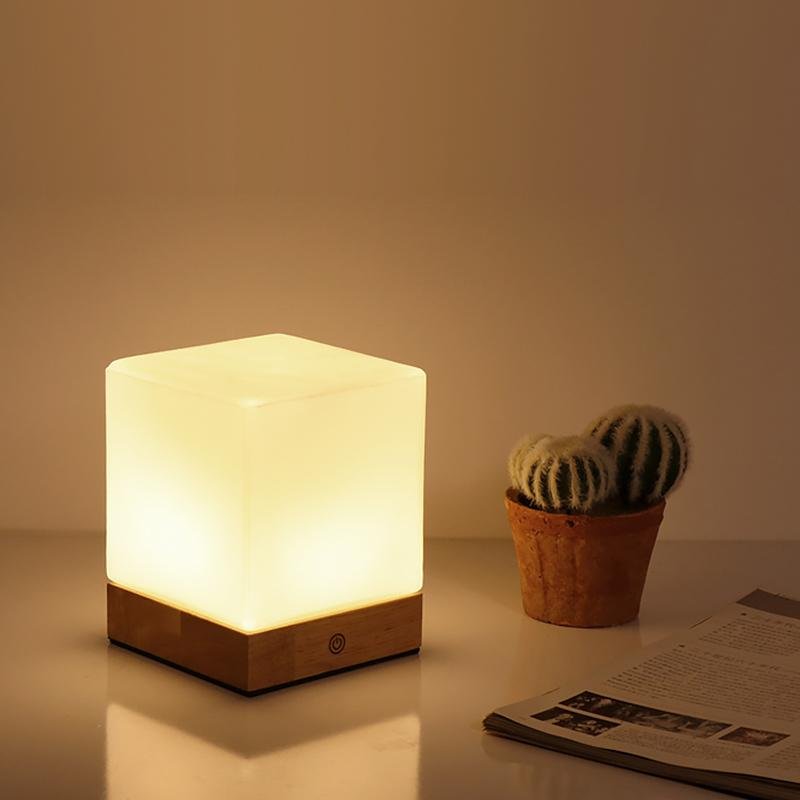 Nordic LED Table Lamp  Minimalist Cube Design With Wooden Base - Detailed view