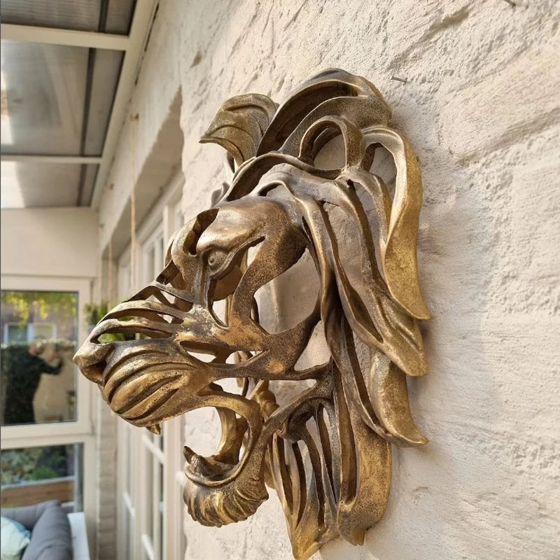 Lion Head Wall Sculpture  Gold Resin Animal Art - Detailed view