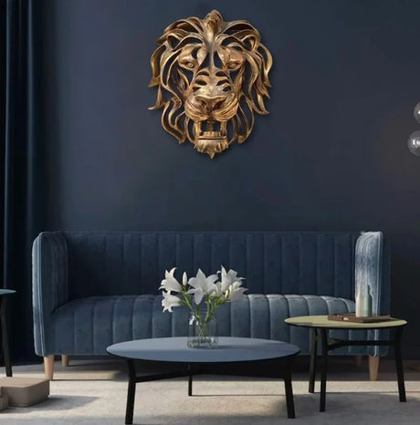Lion Head Wall Sculpture  Gold Resin Animal Art - Product showcase